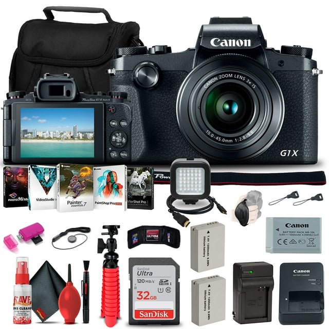 Canon PowerShot G1 X Digital Camera (5249B001) + 32GB Card + 2 x NB10L Battery + NB10L Charger + Card Reader + LED Light + Corel Photo Software + Case + Flex Tripod + HDMI Cable + Hand Strap + More