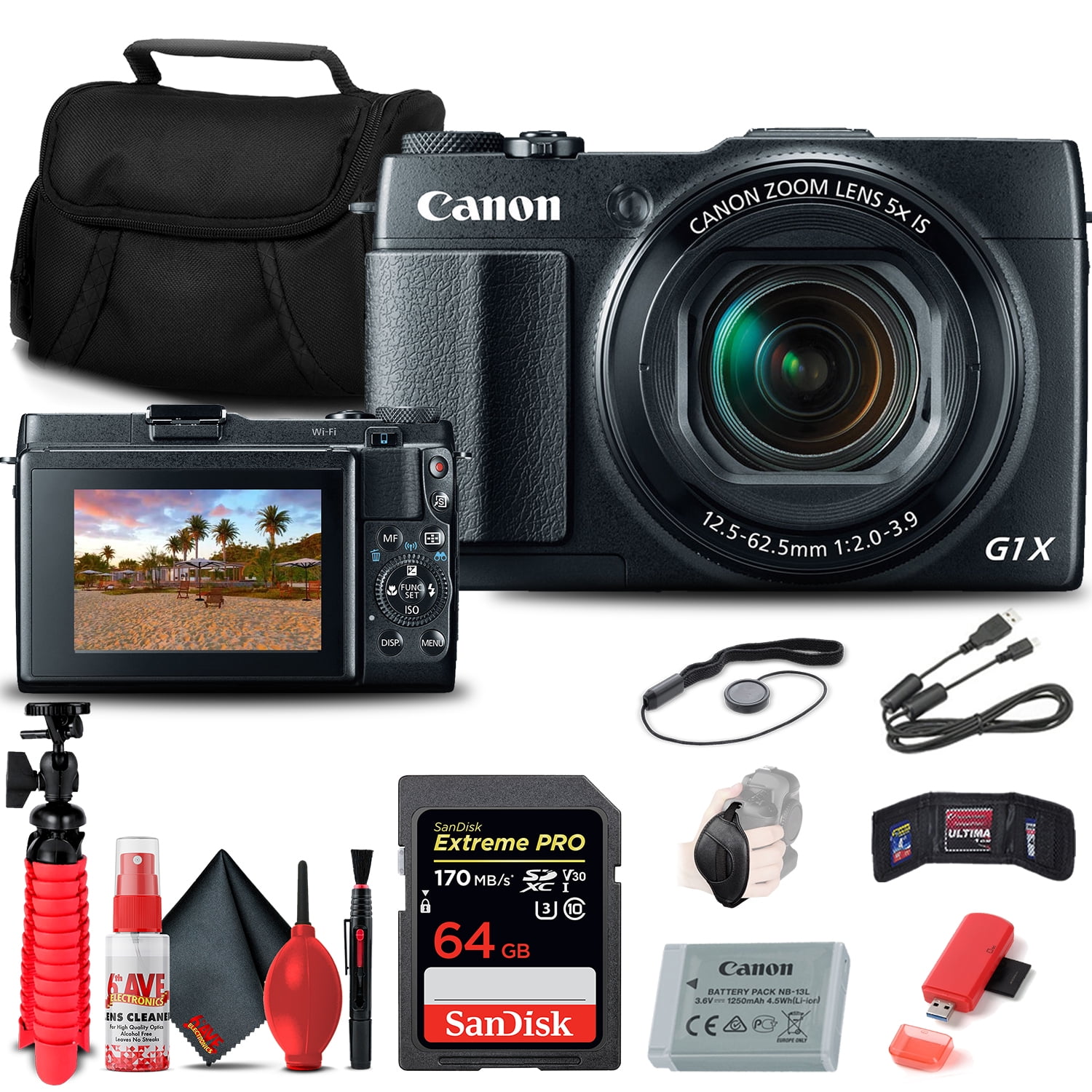 Canon PowerShot G1 X Mark II Digital Camera (9167B001) + 64GB Memory Card +  Card Reader + HDMI Cable + Case + Flex Tripod + Hand Strap + Cap Keeper +  ...