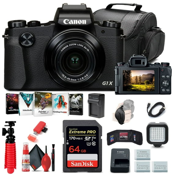 Canon PowerShot G1 X Mark III Digital Camera (2208C001), 64GB Memory Card, 2 x NB13L Battery, Corel Photo Software, Charger, Card Reader, LED Light, Soft Bag + More (International Version)