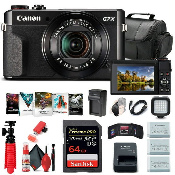 Canon PowerShot G7 X Mark II Digital Camera (1066C001), 64GB Card, 2 x Replacement NB13L Batteries, Corel Photo Software, Charger, Card Reader, LED Light, Soft Bag + More (International Version)