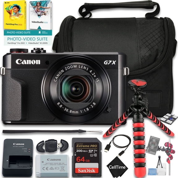 Canon PowerShot G7 X Mark II Digital Camera (Black) Bundle with 64GB Memory Card + Camera Case + Card Reader + Spider Tripod + More (11pc Bundle)