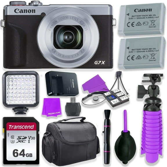 Canon PowerShot G7 X Mark III Camera w/ 1 Inch Sensor & 4k Video - Wi-Fi & Bluetooth Enabled (Silver) & LED Video Light, 64GB Transcend Memory Card, and More