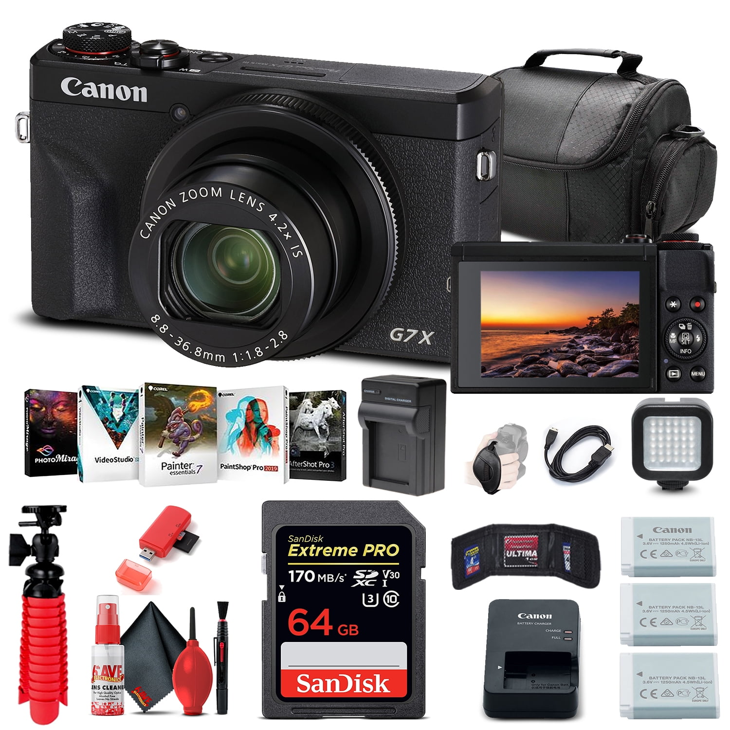 Canon PowerShot G7 X Mark III Digital Camera (Black) (3637C001), 64GB  Memory Card, 2 x Battery, Corel Photo Software, Charger, Card Reader, LED  Light + More (International Model) 