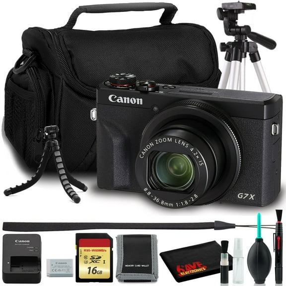 Canon PowerShot G7 X Mark III Digital Camera (Black) Bundle with 16GB SD Card, 57" Tripod, Flexible Tripod, Padded Bag, and 6Ave Cleaning Kit (International Version)
