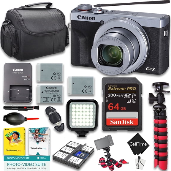Canon PowerShot G7 X Mark III Digital Camera (Silver) + Led Light + 64GB Memory + 2pc Extra Batteries + Spider Tripod + Cleaning Kit + More (16pc Bundle) (International Version)