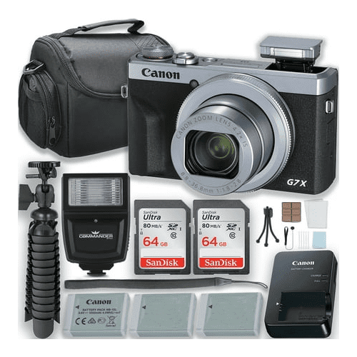Canon PowerShot G7 X Mark III Digital Camera (Silver) With Flash + Two Extra Batteries + 2pc 64GB Memory Cards + Tripod + Case & More