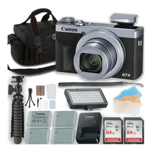 Canon PowerShot G7 X Mark III Digital Camera (Silver) with LED Video Light + Three Extra Batteries + 2pc 64GB Memory Cards + Tripod + Case & More