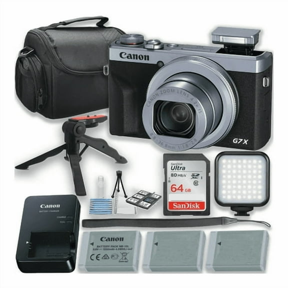 Canon PowerShot G7 X Mark III Digital Camera (Silver) with LED Video Light + Two Extra Batteries + 64GB Memory Card + Tripod + Case & More