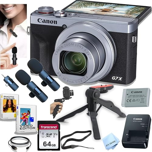Canon PowerShot G7 X Mark III (Silver) Digital Camera + 64GB Memory, Wireless Lavalier Microphones, Stabilizing Grip, Software, and More (Content Creator Bundle)
