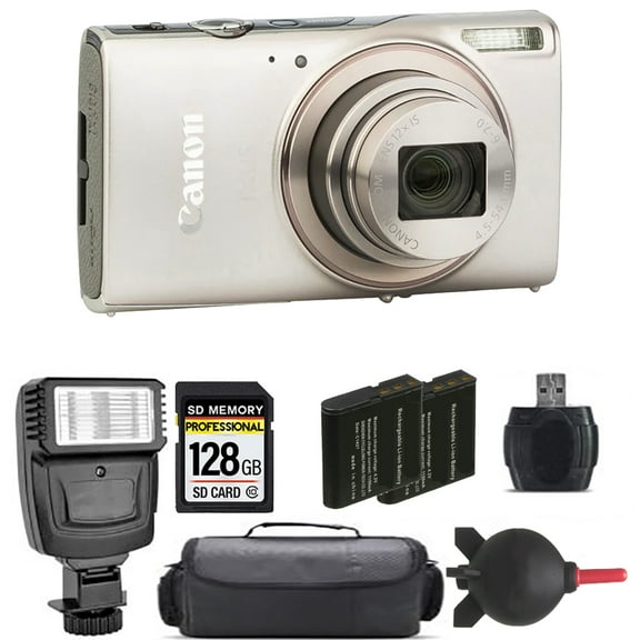 Canon PowerShot IXUS 285 HS Digital Camera (Silver) + Extra Battery + Flash - 128GB Kit
