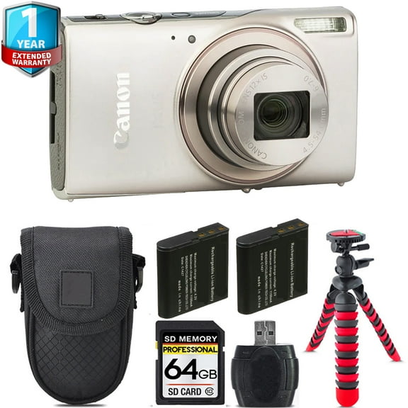 Canon PowerShot IXUS 285 HS Digital Camera (Silver) + Extra Battery +Tripod + Case -64GB Kit (International Version)