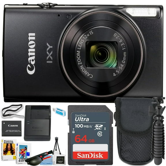 Canon PowerShot IXY 650 (ELPH 360) HS Digital Camera (Black) + 64GB Ultra Memory Card + Spider tripod + More ( 12pc Bundle) (International Version)