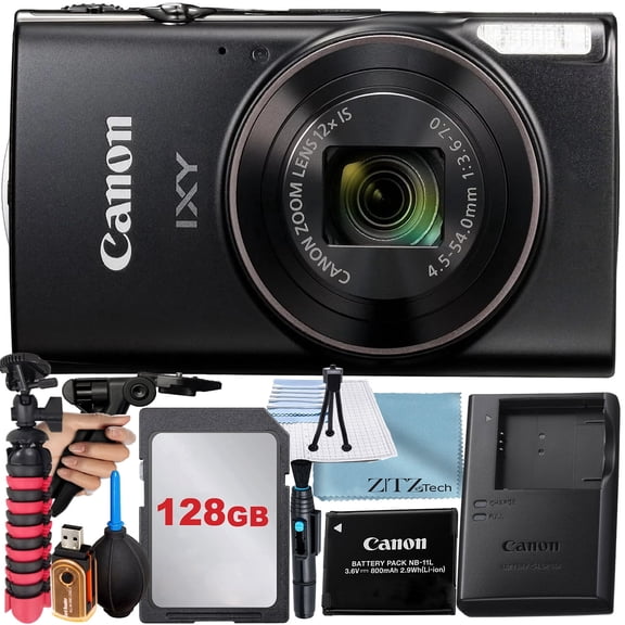 Canon PowerShot IXY 650 (ELPH 360) HS Digital Camera (Black) with 12x Optical Zoom Lens + SanDisk 128GB Memory Card + Tripod + ZeeTech Basic Bundle (International Version)