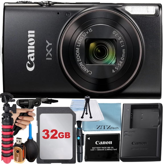 Canon PowerShot IXY 650 (ELPH 360) HS Digital Camera (Black) with 12x Optical Zoom Lens + SanDisk 32GB Memory Card + Tripod + ZeeTech Basic Bundle (International Version)