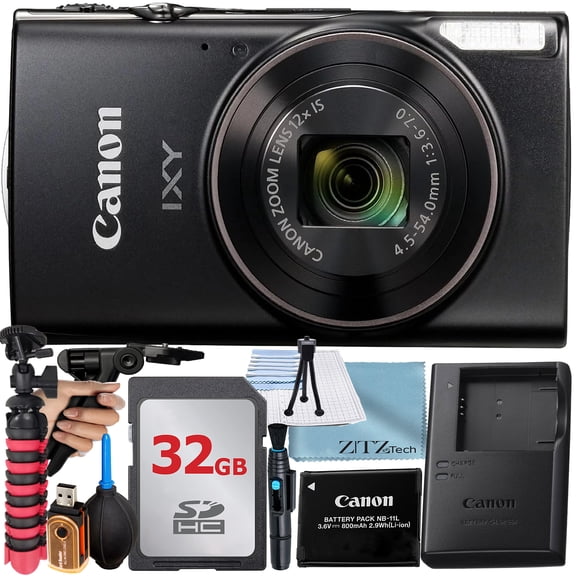 Canon PowerShot IXY 650 (ELPH 360) HS Digital Camera (Black) with 12x Optical Zoom Lens + SanDisk 32GB Memory Card + Tripod + ZeeTech Basic Bundle (International Version)