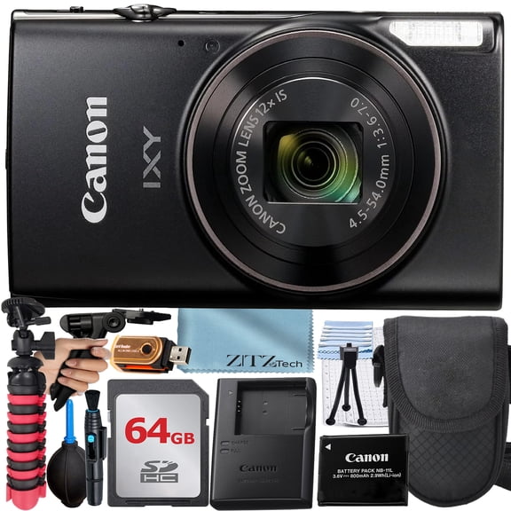 Canon PowerShot IXY 650 (ELPH 360) HS Digital Camera (Black) with 12x Optical Zoom Lens + SanDisk 64GB Memory Card + Case + ZeeTech Advanced Bundle (International Version)