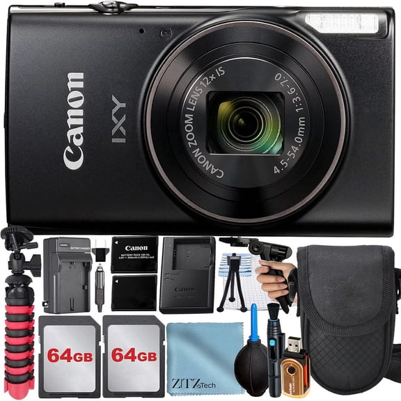 Canon PowerShot IXY 650 (ELPH 360) HS Digital Camera (Black) with 2 Pack 64GB Memory Card + Case + Tripod + ZeeTech Professional Bundle (International Version)