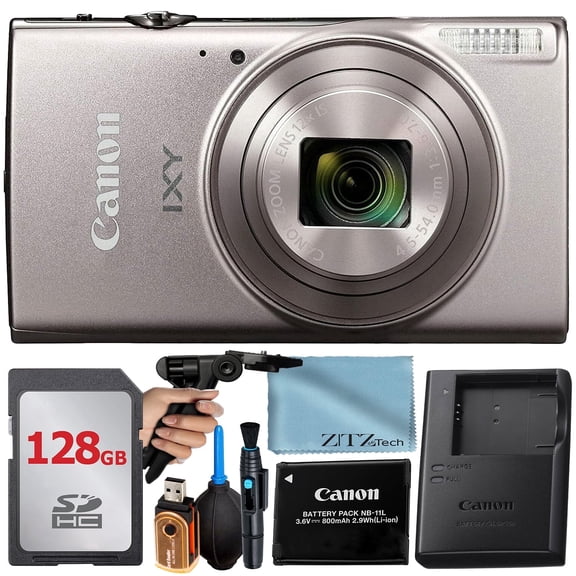 Canon PowerShot IXY 650 (ELPH 360) HS Digital Camera (Silver) with 12x Optical Zoom Lens + SanDisk 128GB Memory Card + Cleaning Pen + ZeeTech Starter Bundle (International Version)
