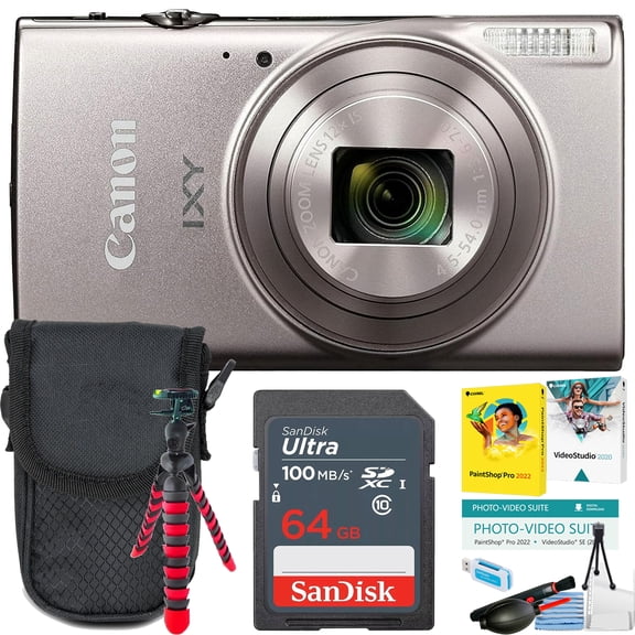Canon PowerShot IXY 650 (ELPH 360) HS Digital Camera (Silver) + 64GB Ultra Memory Card + Spider tripod + More (12pc Bundle) (International Version)