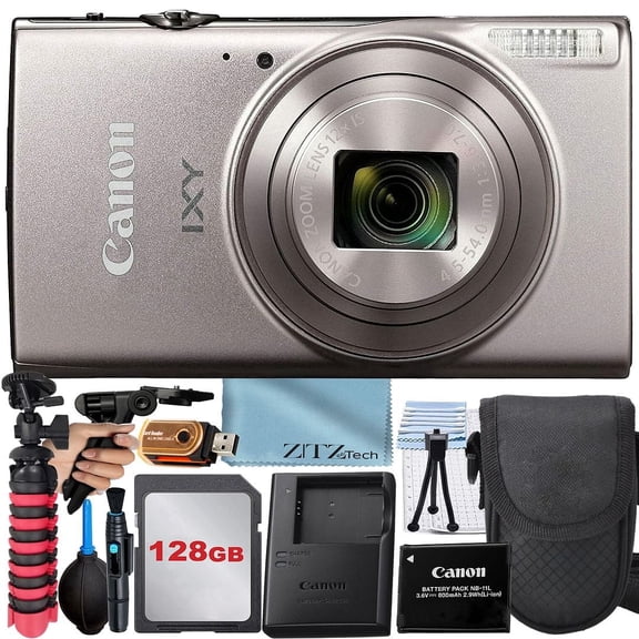 Canon PowerShot IXY 650 (ELPH 360) HS Digital Camera (Silver) with 12x Optical Zoom Lens + 128GB Memory Card + Case + ZeeTech Advanced Bundle (International Version)