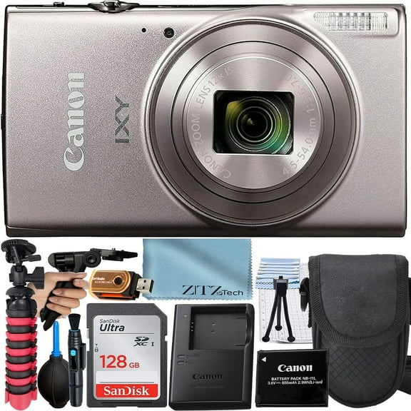 Canon PowerShot IXY 650 (ELPH 360) HS Digital Camera (Silver) with 12x Optical Zoom Lens + SanDisk 128GB Memory Card + Case + ZeeTech Advanced Bundle (International Version)