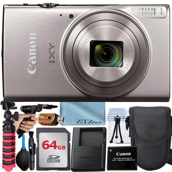 Canon PowerShot IXY 650 (ELPH 360) HS Digital Camera (Silver) with 12x Optical Zoom Lens + SanDisk 64GB Memory Card + Case + ZeeTech Advanced Bundle (International Version)