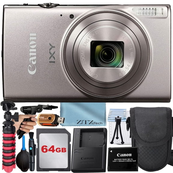 Canon PowerShot IXY 650 (ELPH 360) HS Digital Camera (Silver) with 12x Optical Zoom Lens + 64GB Memory Card + Case + ZeeTech Advanced Bundle (International Version)