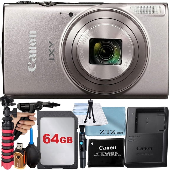 Canon PowerShot IXY 650 (ELPH 360) HS Digital Camera (Silver) with 12x Optical Zoom Lens + SanDisk 64GB Memory Card + Tripod + ZeeTech Basic Bundle (International Version)