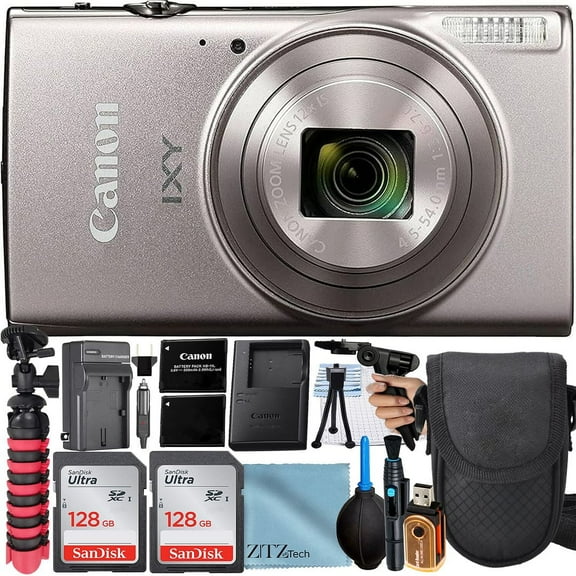 Canon PowerShot IXY 650 (ELPH 360) HS Digital Camera (Silver) with 2 Pack SanDisk 128GB Memory Card + Case + Tripod + ZeeTech Professional Bundle (International Version)