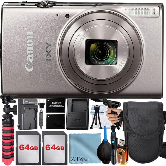 Canon PowerShot IXY 650 (ELPH 360) HS Digital Camera (Silver) with 2 Pack 64GB Memory Card   Case   Tripod   ZeeTech Professional Bundle (International Version)