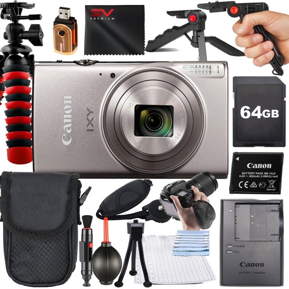 Canon PowerShot IXY650 HS Digital Camera (Silver) with SanDisk 64GB Memory Card + Case + Tripod + SV Premium Accessory Bundle (International Version)