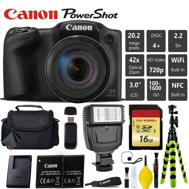 Canon PowerShot SX420 is Digital Point and Shoot Camera + Extra Battery + Digital Flash + Camera Case + 16GB Class 10 Memory Card + 2 Year Extended Warranty (Total of 3YR) - Intl Model