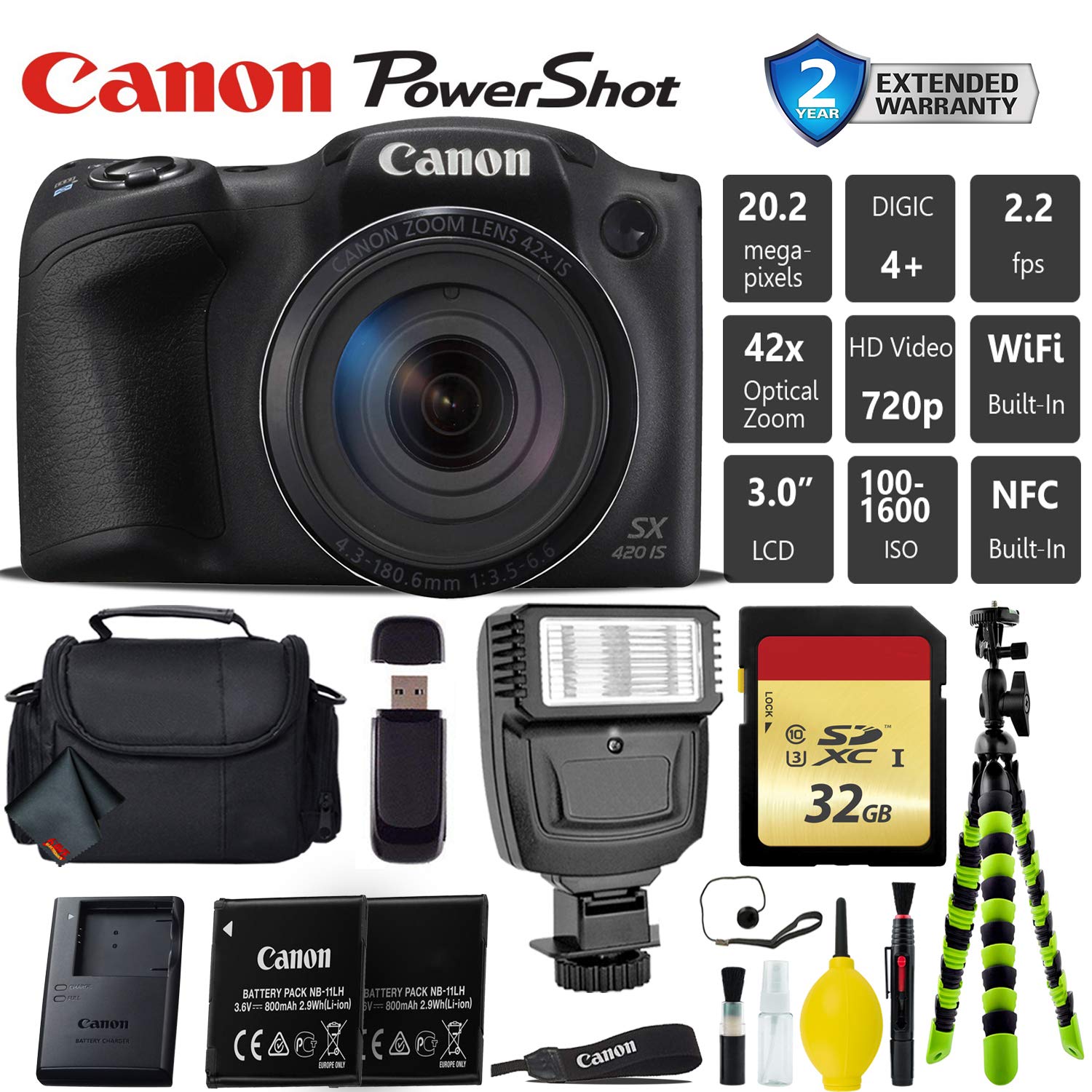 Canon PowerShot SX420 is Digital Point and Shoot Camera + Extra Battery + Digital Flash + Camera Case + 32GB Class 10 Memory Card + 2 Year Extended Warranty (Total of 3YR) - Intl Model - image 1 of 5