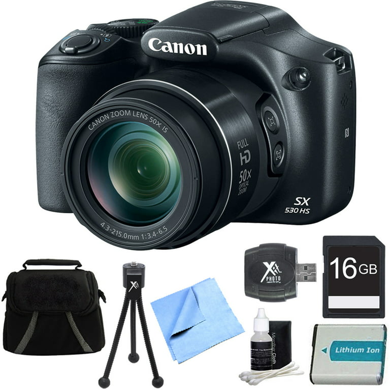 Canon PowerShot SX530 HS 16.0 MP 50x Opt Zoom 1080p Full HD Digital Camera  Black Bundle with 16GB Memory Card, Camera Bag for DSLR, 1150mah  Rechargeable Battry and Flexible Mini Table-top Tripod 
