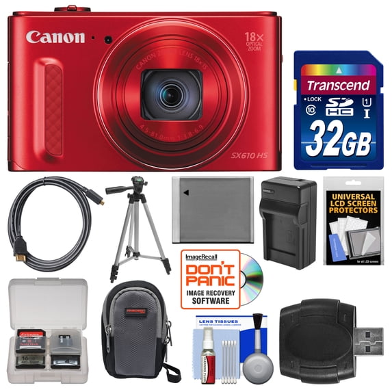 Canon PowerShot SX610 HS Wi-Fi Digital Camera (Red) with 32GB Card + Case + Battery & Charger + Tripod + HDMI Cable + Kit