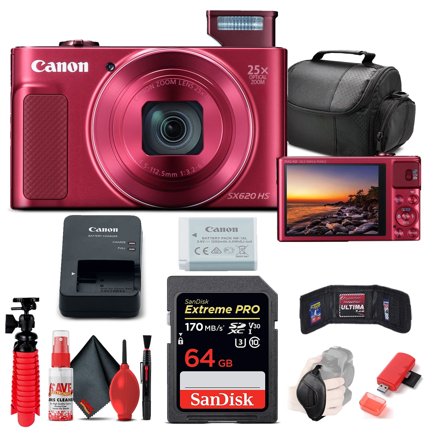Canon PowerShot SX620 HS Digital Camera (Red) (1073C001) + 64GB Card + More