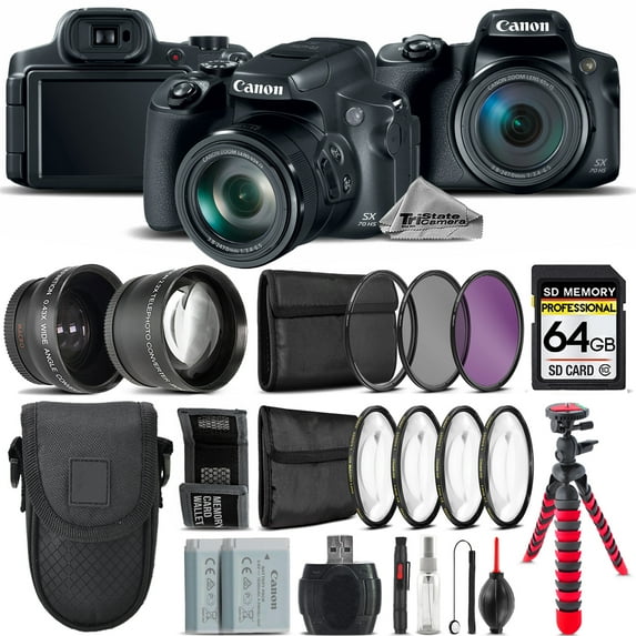Canon PowerShot SX70 HS Camera + 7 PC Filter Kit + Extra Battery - 64GB Bundle (International Version)