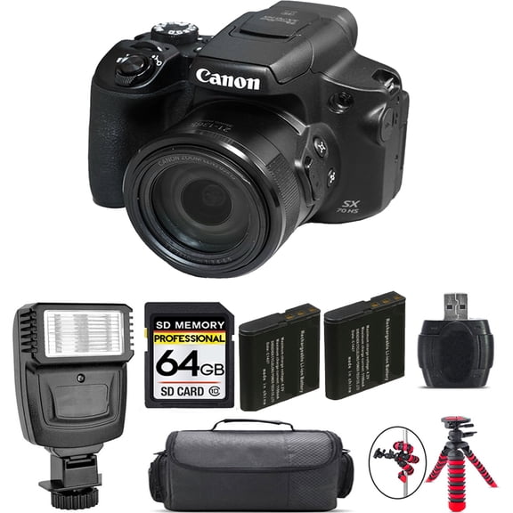 Canon PowerShot SX70 HS Digital Camera + Extra Battery + Flash - 64GB Kit (International Version)