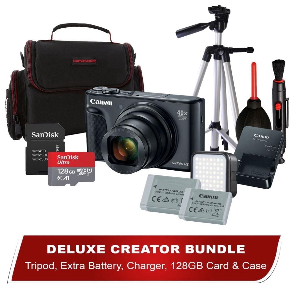 Canon PowerShot SX740 HS Digital Camera (Black) with 128GB SD Card, Case, LED Light, Tripod, Extra Battery & Charger, Deluxe Creator Bundle (International Version)
