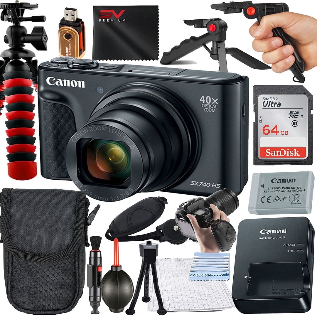 Canon PowerShot SX740 HS Digital Camera (Black) with 2 Pack SanDisk 64GB Memory Card + Case + Tripod + SV Premium Accessory Bundle (International Version)