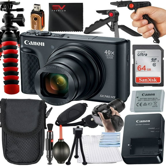 Canon PowerShot SX740 HS Digital Camera (Black) with 2 Pack SanDisk 64GB Memory Card + Case + Tripod + SV Premium Accessory Bundle (International Version)