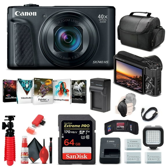 Canon PowerShot SX740 HS Digital Camera (Black) (2955C001), 64GB Card, 2 x Replacement NB13L Batteries, Corel Photo Software, Charger, Card Reader, LED Light, Soft Bag + More (International Version)