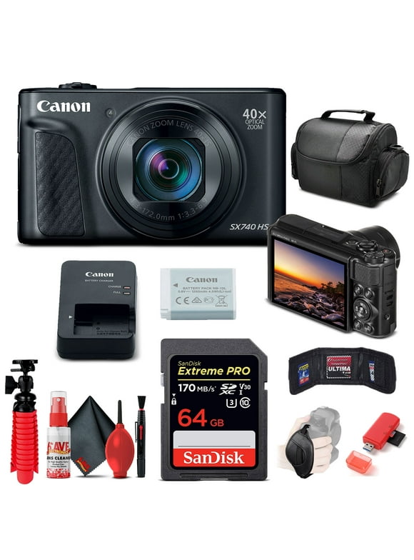 Canon PowerShot SX740 HS Digital Camera (Black) (2955C001) + 64GB Card + Card Reader + Deluxe Soft Bag + Flex Tripod + Hand Strap + Memory  Wallet + Cleaning Kit (International Model)