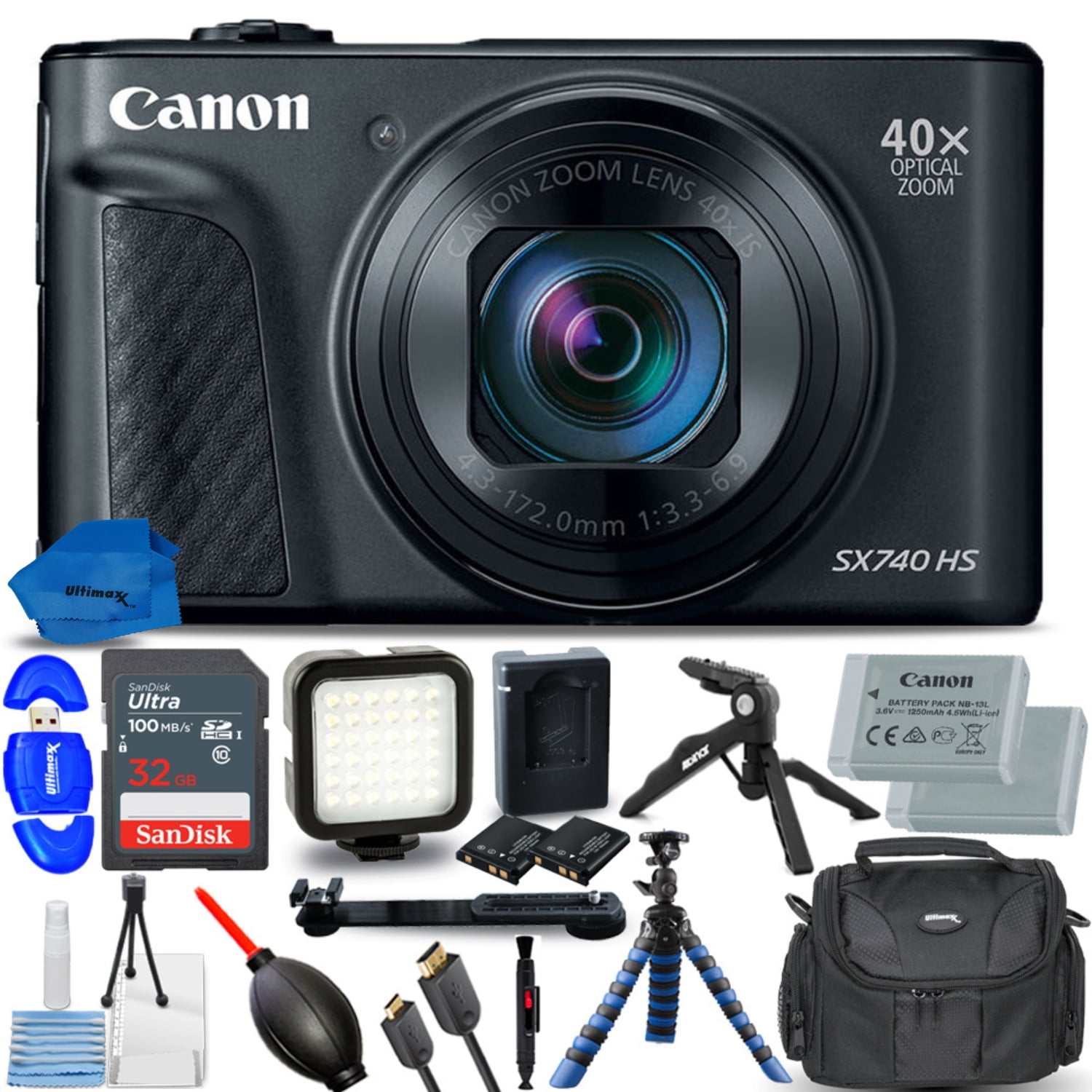 Canon PowerShot SX740 HS Digital Camera (Black) + Bundle Includes: SanDisk 32GB Ultra 120MB/s, Replacement battery for Canon NB13L 1600 mah, 36 LED Light Kit & Much More (13pc Bundle)