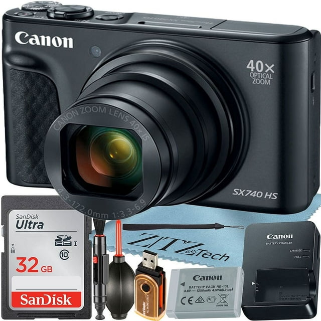 Canon PowerShot SX740 HS Digital Camera (Black) with 40x Optical Zoom Lens + SanDisk 32GB Memory Card + Cleaning Pen + ZeeTech Starter Bundle (International Model)