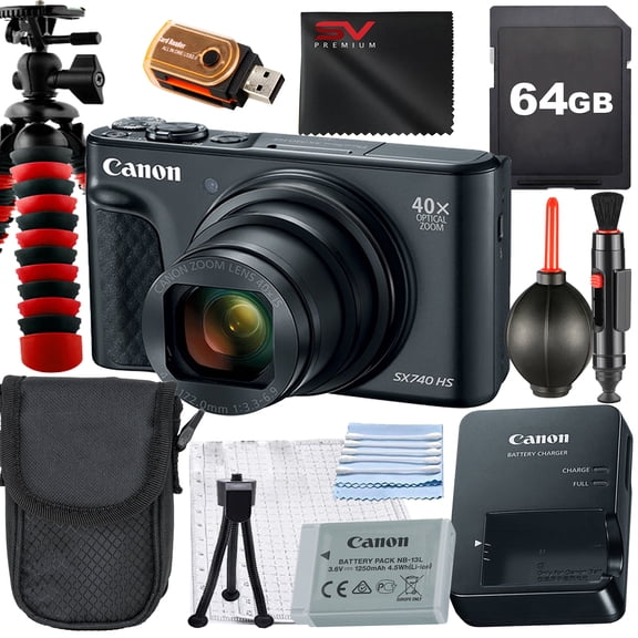 Canon PowerShot SX740 HS Digital Camera (Black) with SanDisk 64GB Memory Card + Case + Tripod + SV Premium Accessory Bundle (International Version)