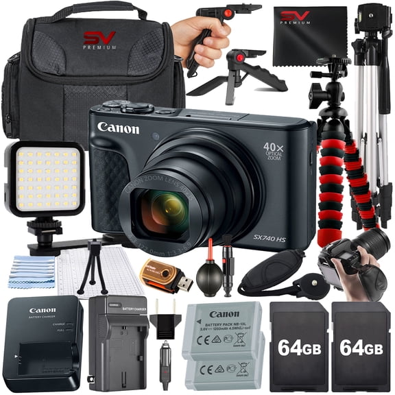Canon PowerShot SX740 HS Digital Camera (Black) with SanDisk 64GB Memory Card + Case + Tripod + SV Premium Accessory Bundle (International Version)