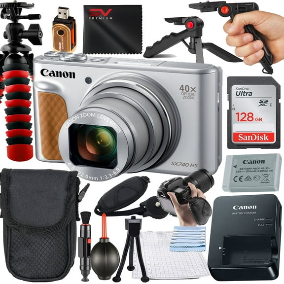 Canon PowerShot SX740 HS Digital Camera (Silver) with SanDisk 128GB Memory Card + Case + Tripod + SV Premium Accessory Bundle (International Version)