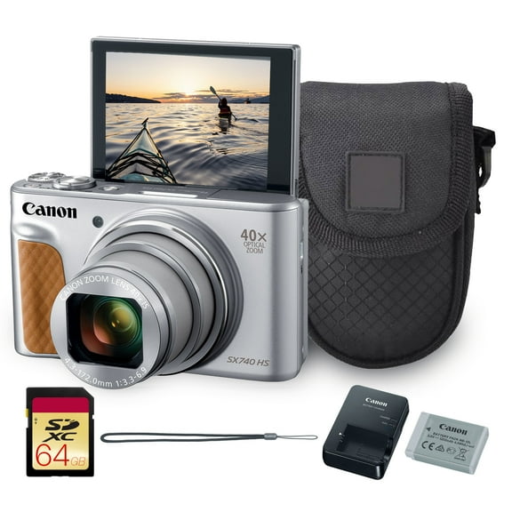 Canon PowerShot SX740 HS Digital Camera (Silver) – 20.3MP, 40x Optical Zoom, 4K UHD Video, Wi-Fi & Bluetooth, Compact Travel Point & Shoot (2956C001) + Shoulder Bag + 64GB Memory Card