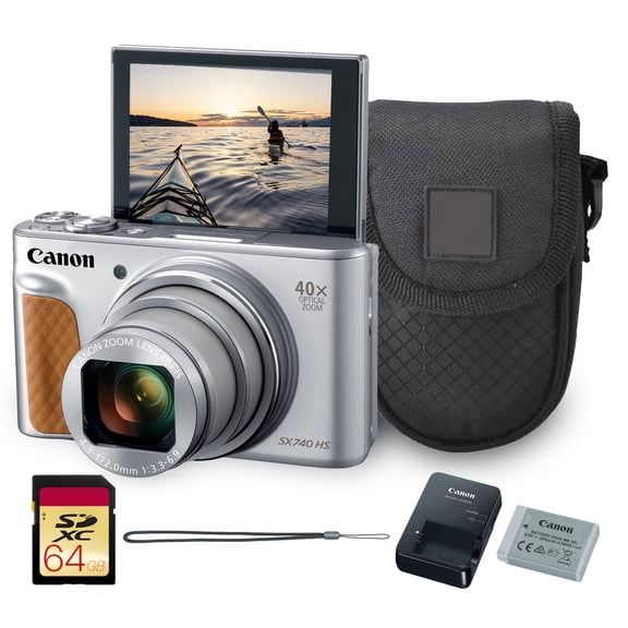 Canon PowerShot SX740 HS Digital Camera (Silver) – 20.3MP, 40x Optical Zoom, 4K UHD Video, Wi-Fi & Bluetooth, Compact Travel Point & Shoot (2956C001)   Shoulder Bag   64GB Memory Card